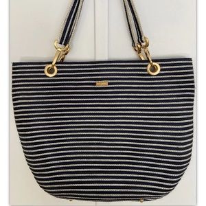 ERIC JAVITS  Squishee Clip Tote Bag Purse Navy Blue White Stripe Used Once Vtg